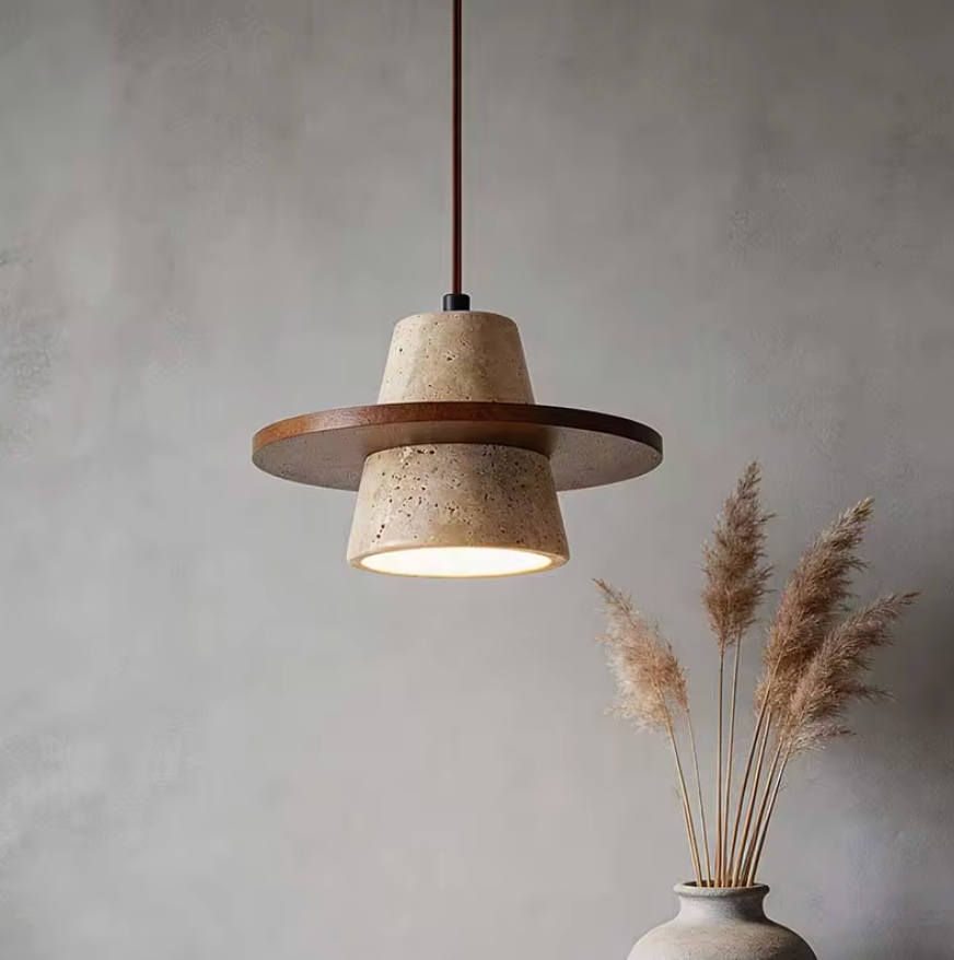 Design-Pendelleuchte Caelio | Travertin & Holz