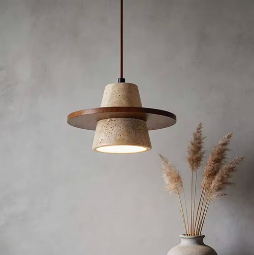 Design-Pendelleuchte Caelio | Travertin & Holz