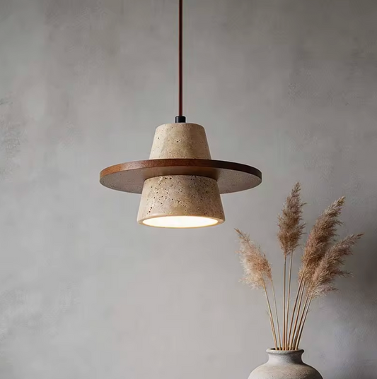 Design-Pendelleuchte Caelio | Travertin & Holz